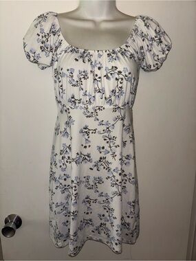 White blue cottage core soft stretchy Floral Puff-Sleeve Mini Sundress